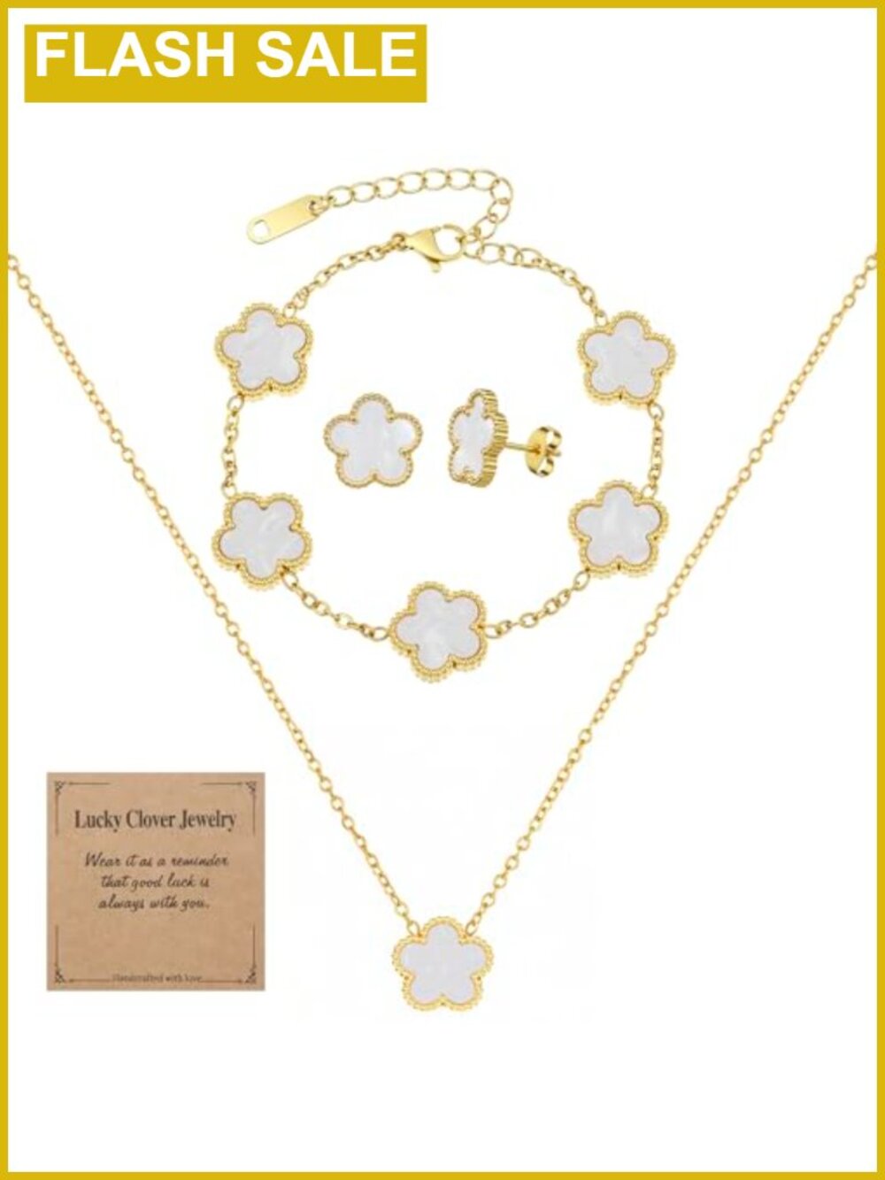 18K Gold Plated Stainless Steel Five Leaf Clover Jewelry Set Necklace Bracelet